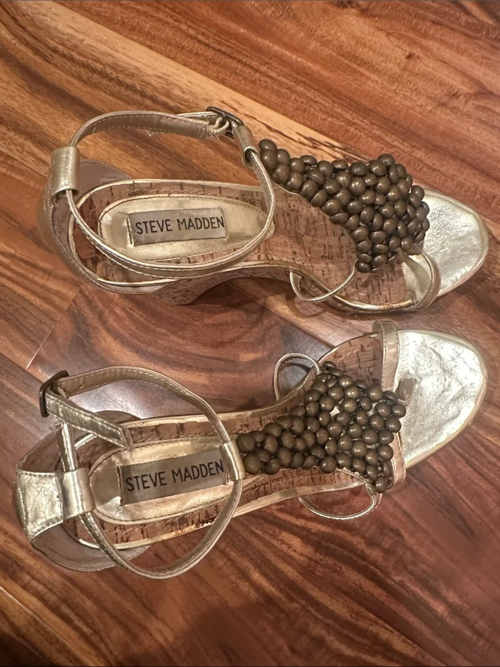 Steve Madden Metallic Gold Beaded Cork Wedge Sandals, 7